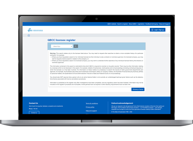 laptop QBCC portal screen licensee register