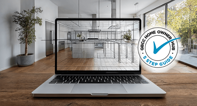 house interior with laptop and house plans